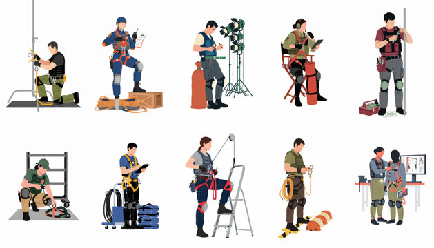 Flat illustration set of professional technicians and riggers wearing safety harnesses and using climbing equipment for industrial and stage work.