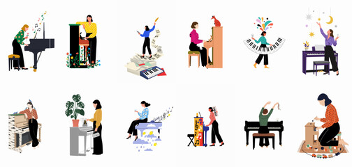 Whimsical Collection of Twelve Artistic Illustrations Featuring Women Interacting with Pianos in Creative, Surreal, and Imaginative Ways © Wolu