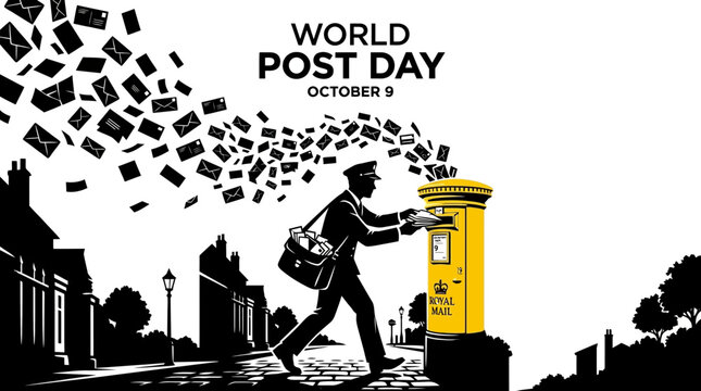 A postman delivering letters into a yellow post box on World Post Day.