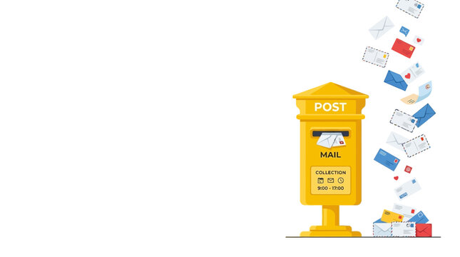 Yellow post box with a cascade of falling mail and letters.