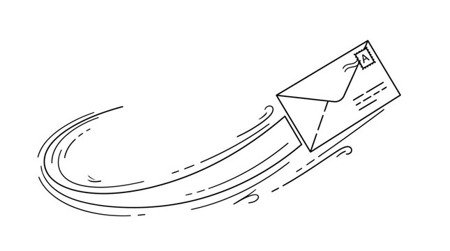 A hand drawn sketch of a flying envelope with motion lines.