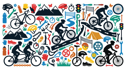 Cycling sports adventure collection with bicycle silhouettes and outdoor mountain activity. © jubayer71