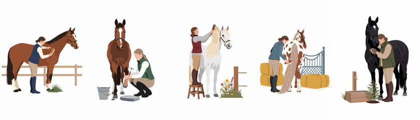 Collection of flat vector illustrations showing women grooming different horse breeds, including cleaning hooves, brushing manes and tails, in a farm setting. © Rolas