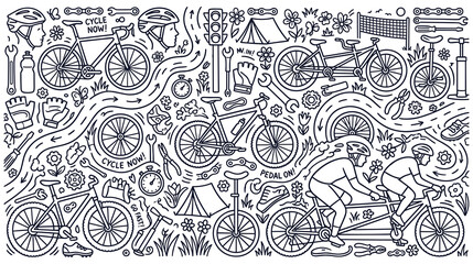 Bicycle riding doodle pattern with cyclists and outdoor sports equipment in line art style. © jubayer71