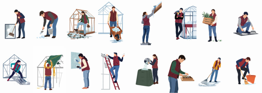 A set of vector illustrations depicting people performing winter garden maintenance, greenhouse repairs, and seasonal outdoor chores against a plain white background.
