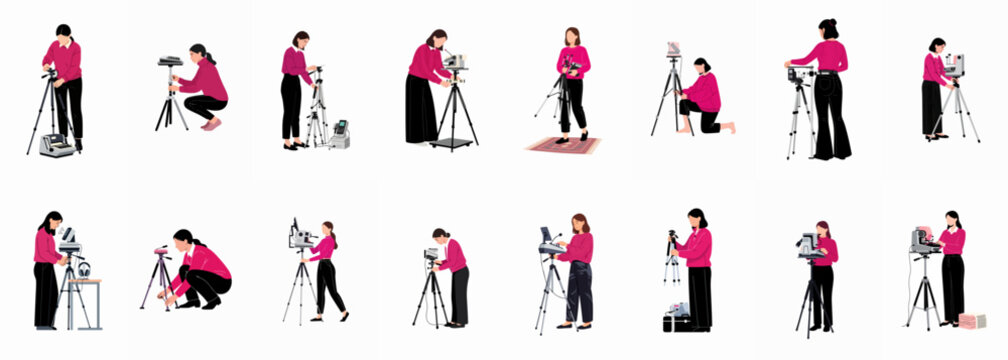 Set of flat vector illustrations showing female court reporters and stenographers setting up and using transcription equipment on tripods in various poses.