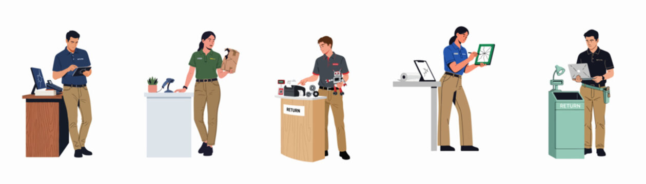 Diverse group of retail service workers processing damaged product returns at customer service desks and return stations.