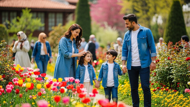 Joyful family strolls through viintimate apparelnt tulip garden in spring, mother lovingly adjusts daughter's hair, creating a heartwarming moment in a picturesque outdoor setting