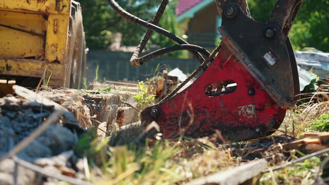 Heavy machinery with a powerful hydraulic breaker attachment crushing old reinforced concrete, creating dust and debris during a building demolition project on a bright and sunny construction site