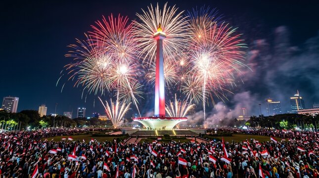 Fireworks over Monas Monument Jakarta during Indonesian Celebration