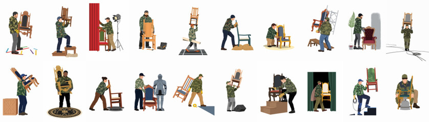 Diverse crew of workers in camouflage gear transporting and arranging various antique chairs, thrones, and stage props for an event production. © Sewelas