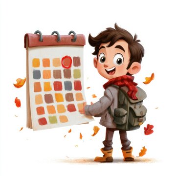 Child stands excitedly under a big calendar in autumn, looking up at the marked first school day while leaves fall around.