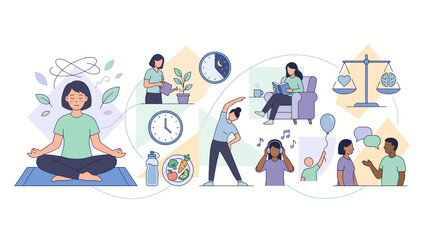Fototapeta premium Illustration of people practicing self-care and wellness.