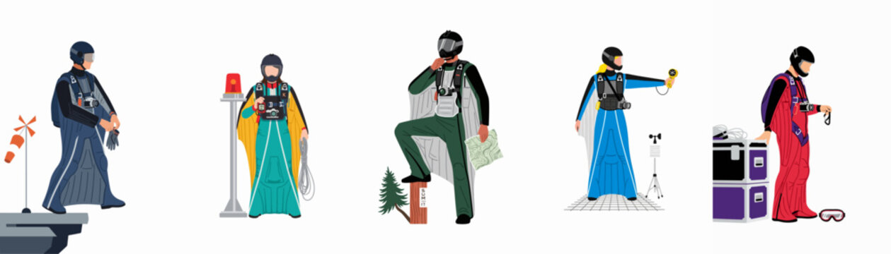 Flat vector illustration of professional wingsuit flyers in colorful suits with various equipment like maps and anemometers, ready for extreme base jumping.
