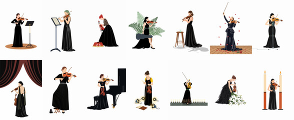 Collection of Elegant Female Violinists in Black Evening Gowns Performing on Stage with Various Musical Elements and Accessories © Sepuluh