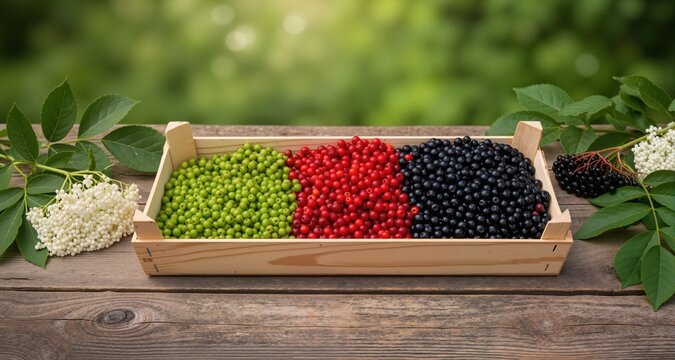 Photography, close-up, wooden rustic table. In the center of the frame on the table is original packaging (a wooden tray) containing elderberry berries.