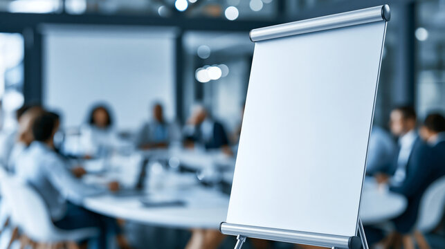 Blank presentation board mockup in a modern corporate boardroom with a blurred business team meeting.