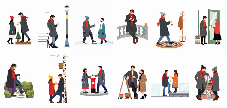 Collection of flat vector illustrations featuring various romantic scenes of a young couple during winter and early spring seasons.