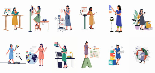 Fototapeta premium Collection of flat vector illustrations depicting a woman in various professional roles related to web design, accessibility, technology, and digital development.