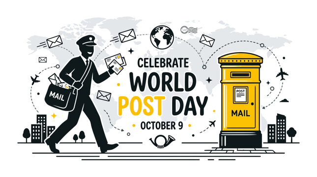 A postman delivering mail next to a yellow mailbox for World Post Day.