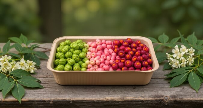 Photography, close-up, wooden rustic table. In the center of the frame on the table is original packaging (a craft container) containing spindle tree fruits.
