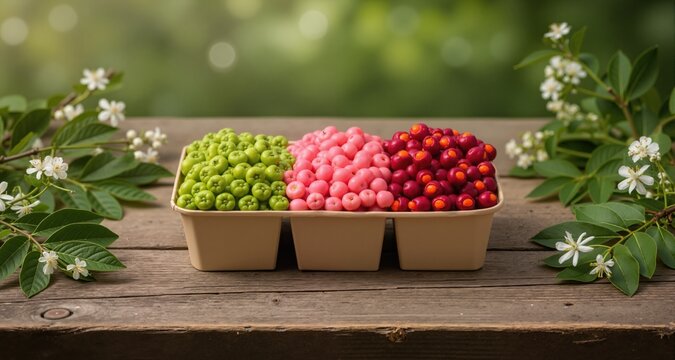 Photography, close-up, wooden rustic table. In the center of the frame on the table is original packaging (a craft container) containing spindle tree fruits.