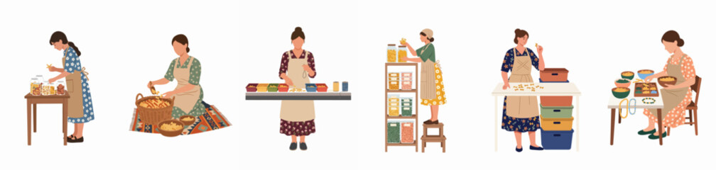Fototapeta premium A collection of flat vector illustrations depicting women engaged in various traditional tasks like sorting food, making jewelry, and organizing jars.
