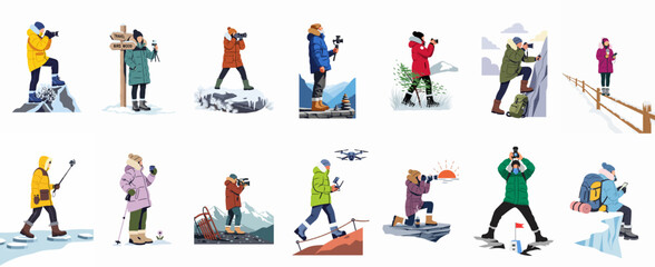Set of flat vector illustrations featuring travelers and photographers in winter landscapes, capturing photos and videos with various professional equipment. © Songo