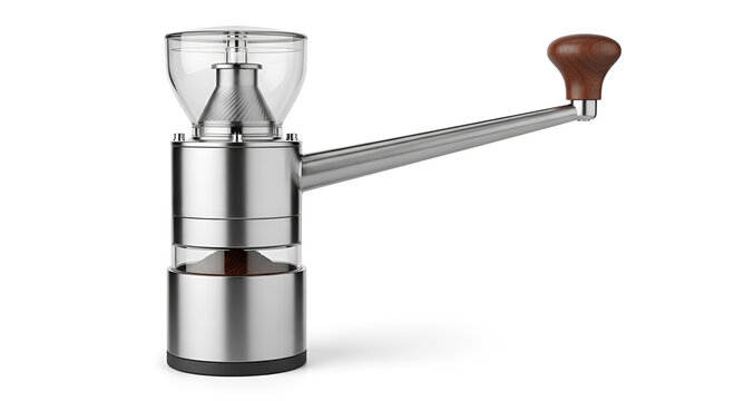 Manual stainless steel coffee grinder with wooden handle isolated on white background, vintage style barista tool