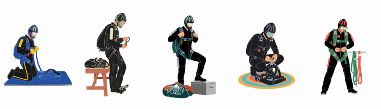 Set of vector illustrations showing skydivers in various poses preparing their parachutes and gear for a jump, isolated on a white background.