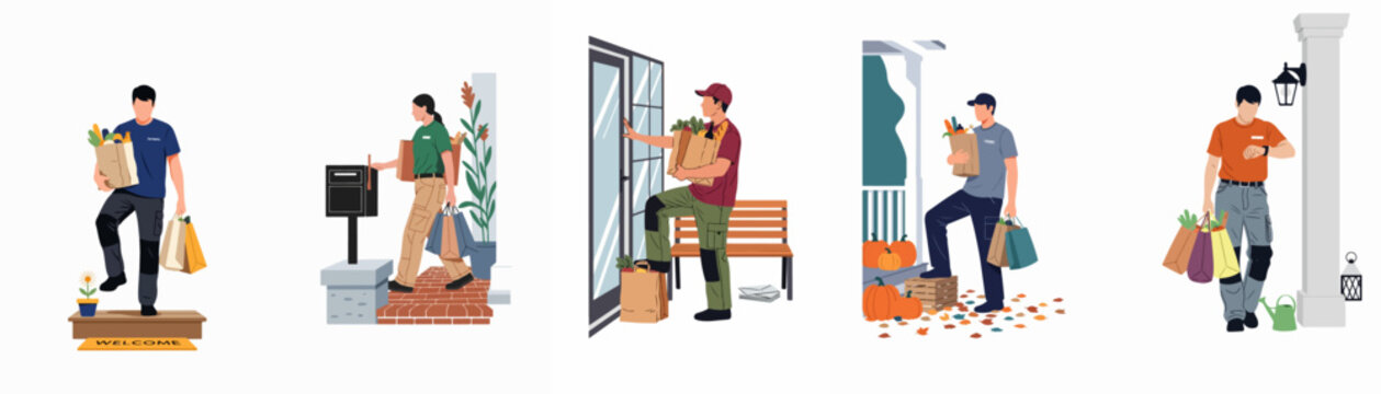 Flat vector illustrations of delivery personnel bringing groceries and packages to various home entrances, representing modern home delivery services and logistics.