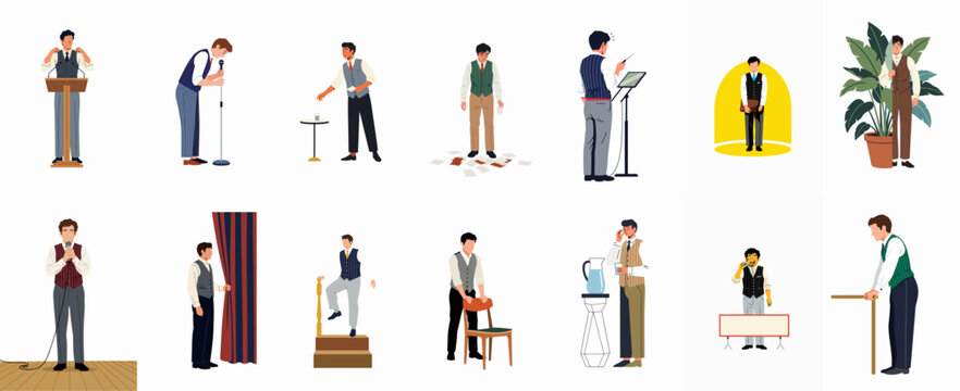 Collection of illustrations showing a man experiencing stage fright and various moments of preparing for or delivering a public speech or performance.