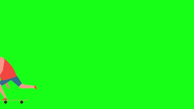  Flat Vector Animation of Skater Boy Pushing Skateboard Isolated on Green Background