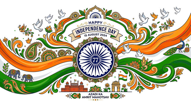 Happy Independence Day India, Azadi Ka Amrit Mahotsav, Tricolor Flag, 77th Anniversary Celebration