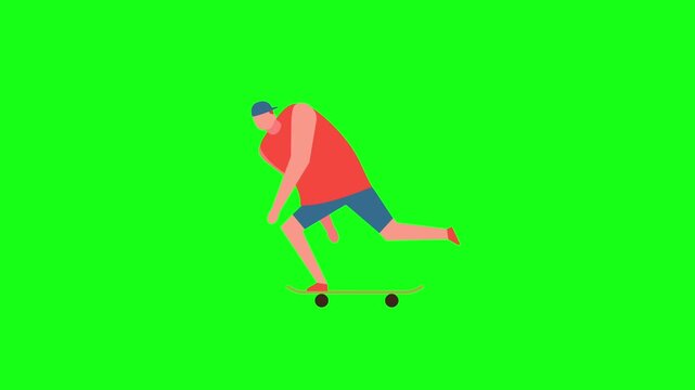 Flat Vector Animation of Skater Boy Pushing Skateboard Isolated on Green Background