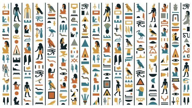 Ancient egyptian hieroglyphs with symbols of pharaohs, animals, and mythological creatures.