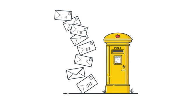 A yellow vintage pillar post box with a stack of falling envelopes.