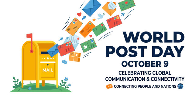 Yellow mailbox with flying envelopes celebrating World Post Day.