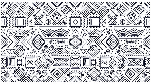 Abstract seamless pattern with ethnic tribal motifs and geometric shapes.