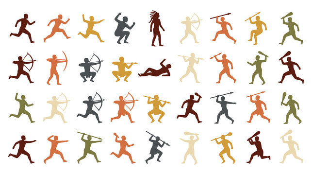 Caveman hunter gatherer silhouettes in various poses with primitive tools.