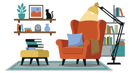 Cozy room interior with comfortable armchair lamp bookshelves and books flat vector art. © jubayer95
