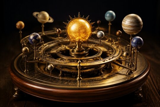 Ornate vintage orrery model with the sun at center, polished brass and wood.