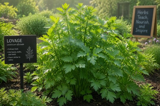 Lush lovage plants growing in an herb garden during the soft morning light.