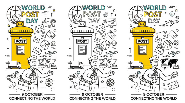 Three variations of World Post Day posters featuring a postman and a mailbox.