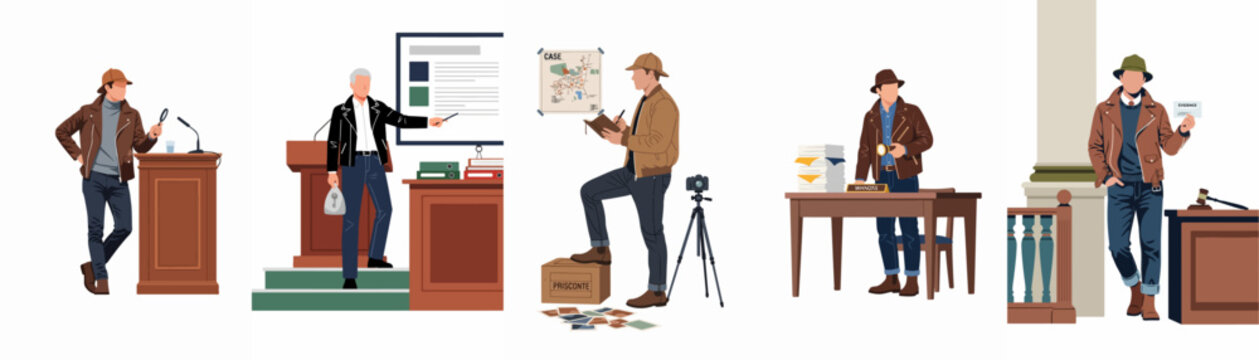 Flat illustration set of male private investigators and detectives in various investigative scenes, using tools like magnifying glass, camera, and evidence cards.