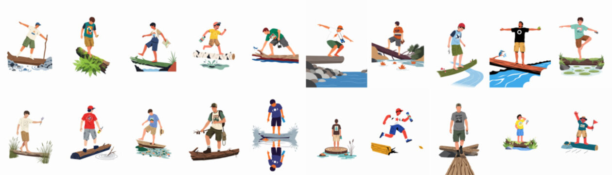 A collection of illustrations featuring boys and young men balancing on logs, exploring nature, and embarking on outdoor adventures in various scenic landscapes.