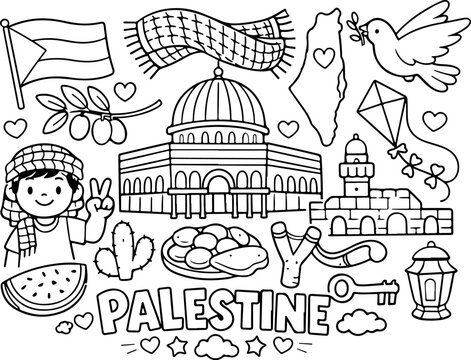 palestine landmarks cartoon outline hand drawn Line Art illustration doodle art coloring page for kids