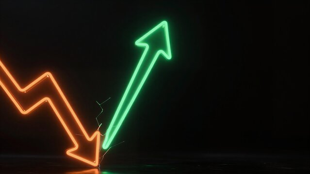 Neon green arrow rises, orange downward trend shatters beneath it.