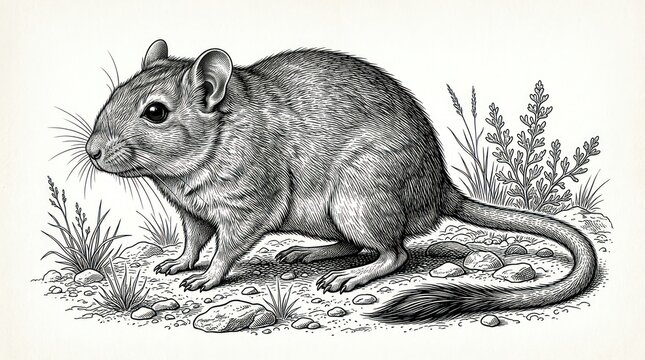 Detailed black and white illustration of a small rodent in natural habitat