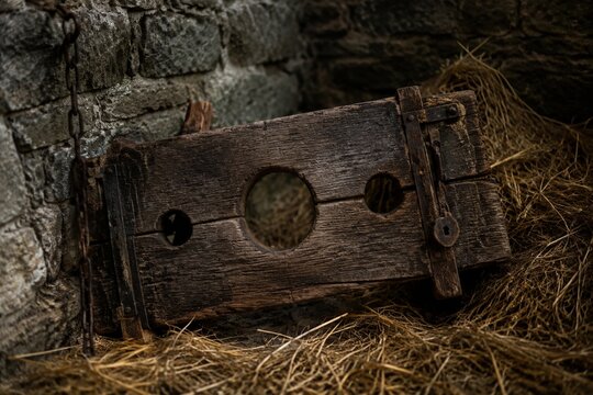 A rough wooden pillory in hay against a stone castle wall.